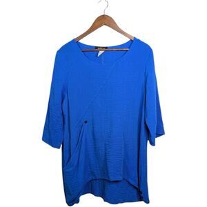 Yushi Tunic Top Large Lagenlook Minimalist Artsy Asymmetrical Crinkle Blue